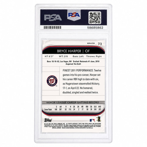 2012 Topps Finest Refractor Bryce Harper #73 PSA 10 – back of graded card