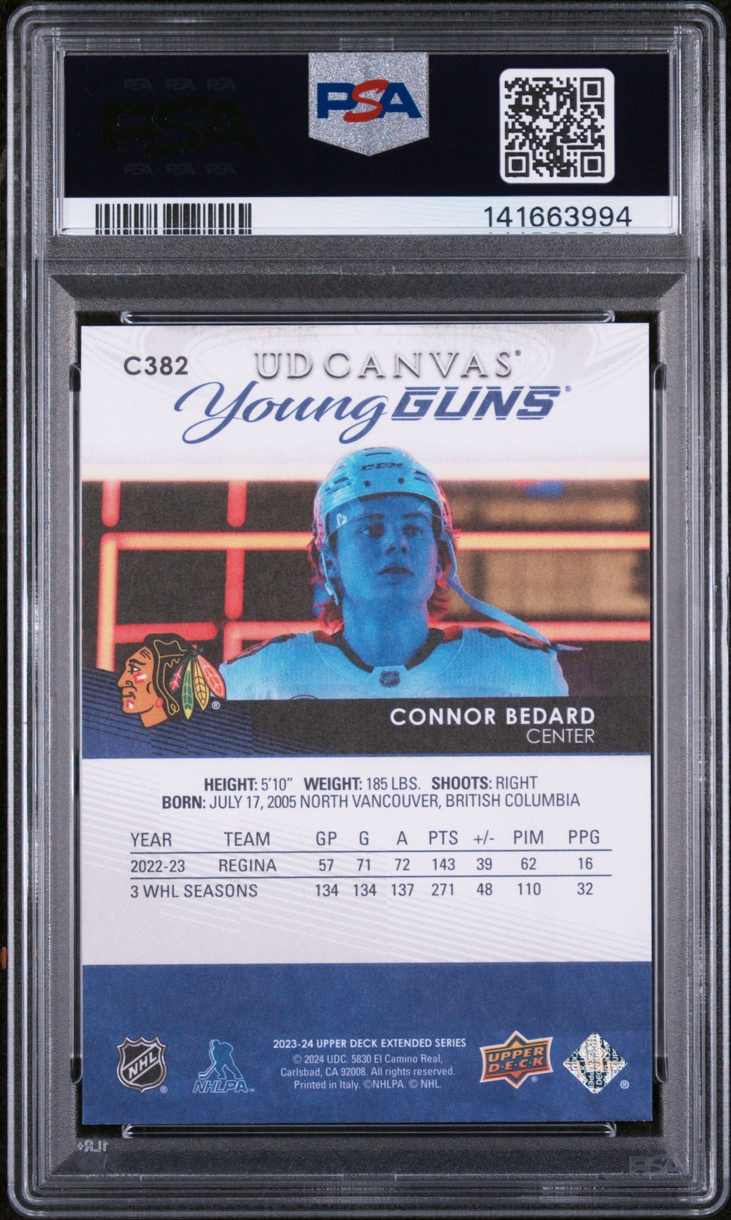 2023 Upper Deck UD Canvas Connor Bedard #C382 PSA 9 – back of graded card