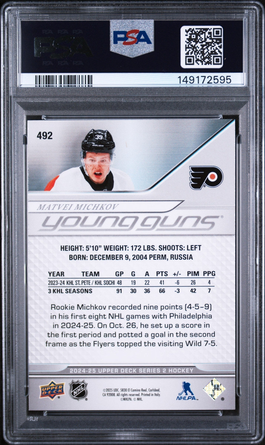 2024 Upper Deck Matvei Michkov #492 PSA 10 – back of graded card