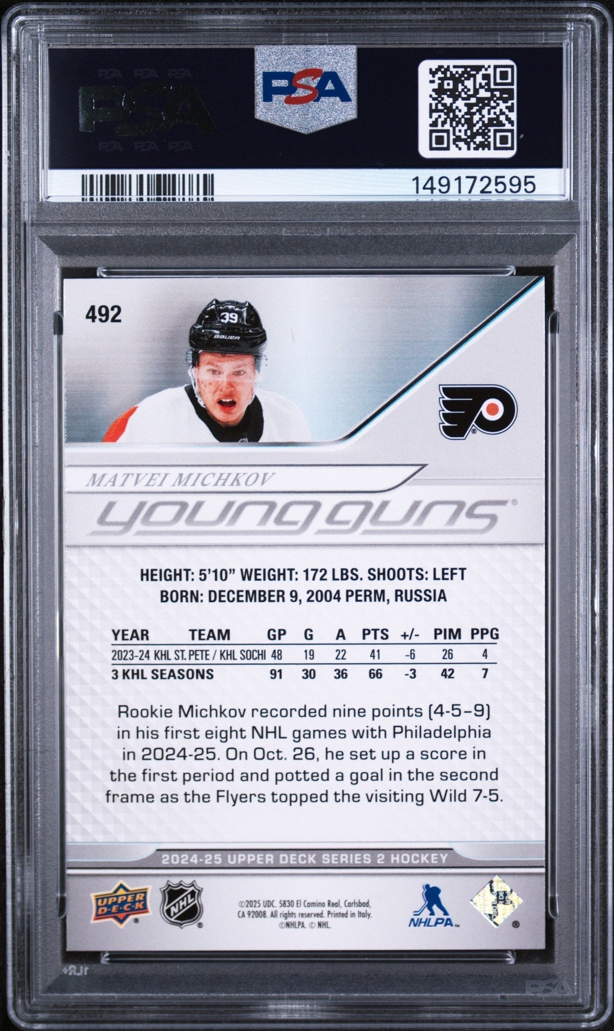 2024 Upper Deck Matvei Michkov #492 PSA 10 – back of graded card