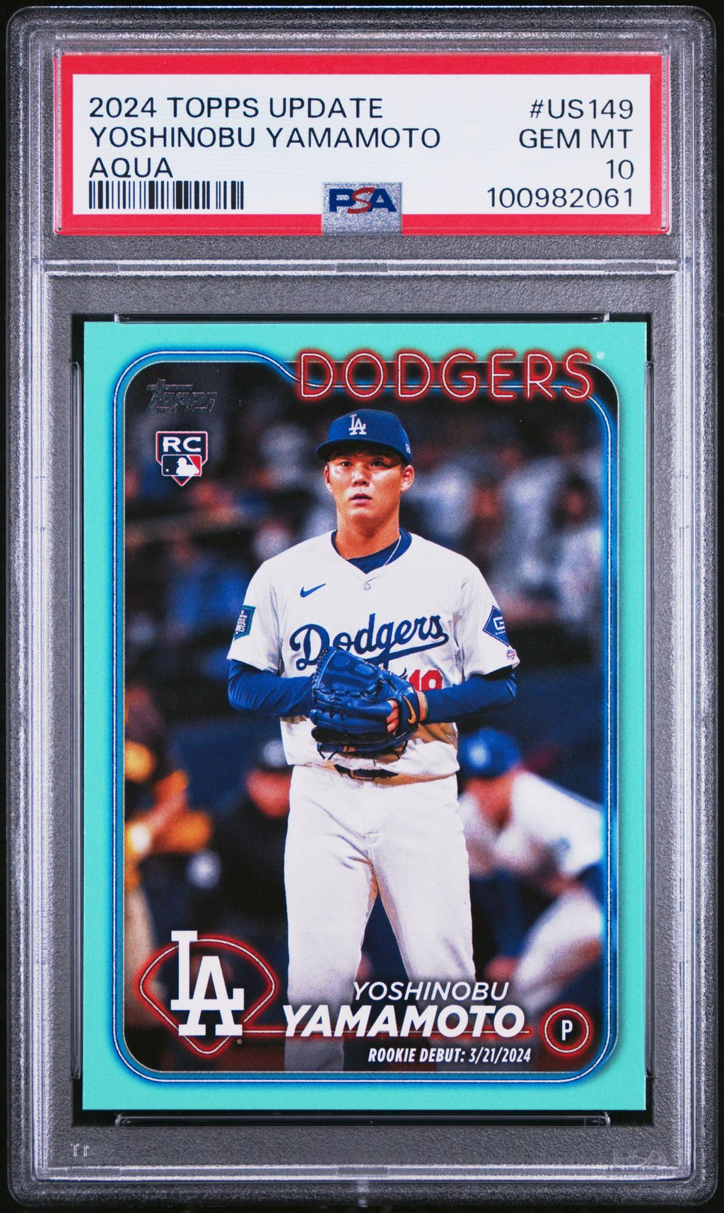 2024 Topps Update Aqua Yoshinobu Yamamoto #US149 PSA 10 – front of graded card