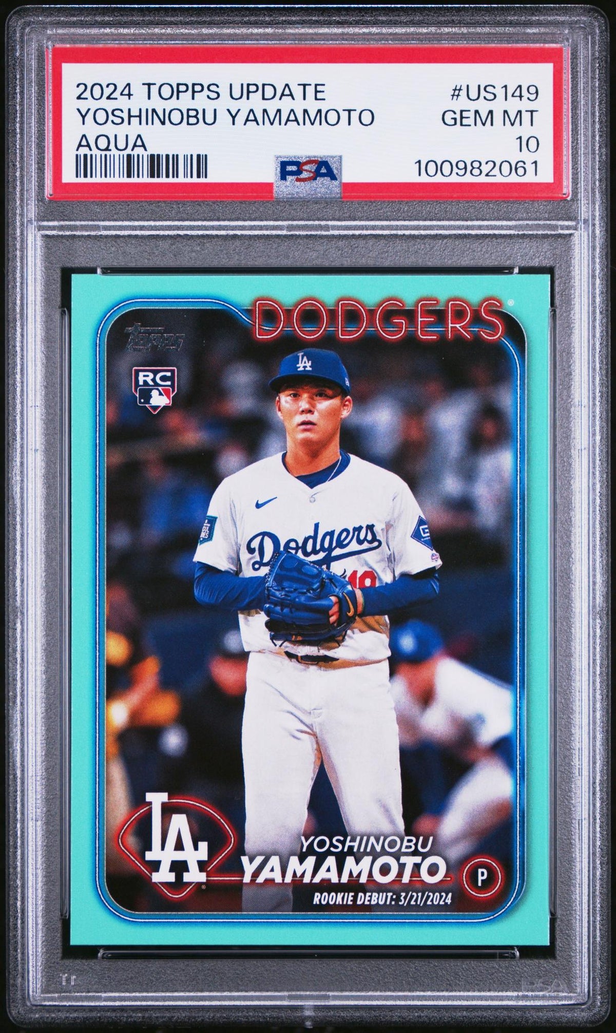 2024 Topps Update Aqua Yoshinobu Yamamoto #US149 PSA 10 – front of graded card
