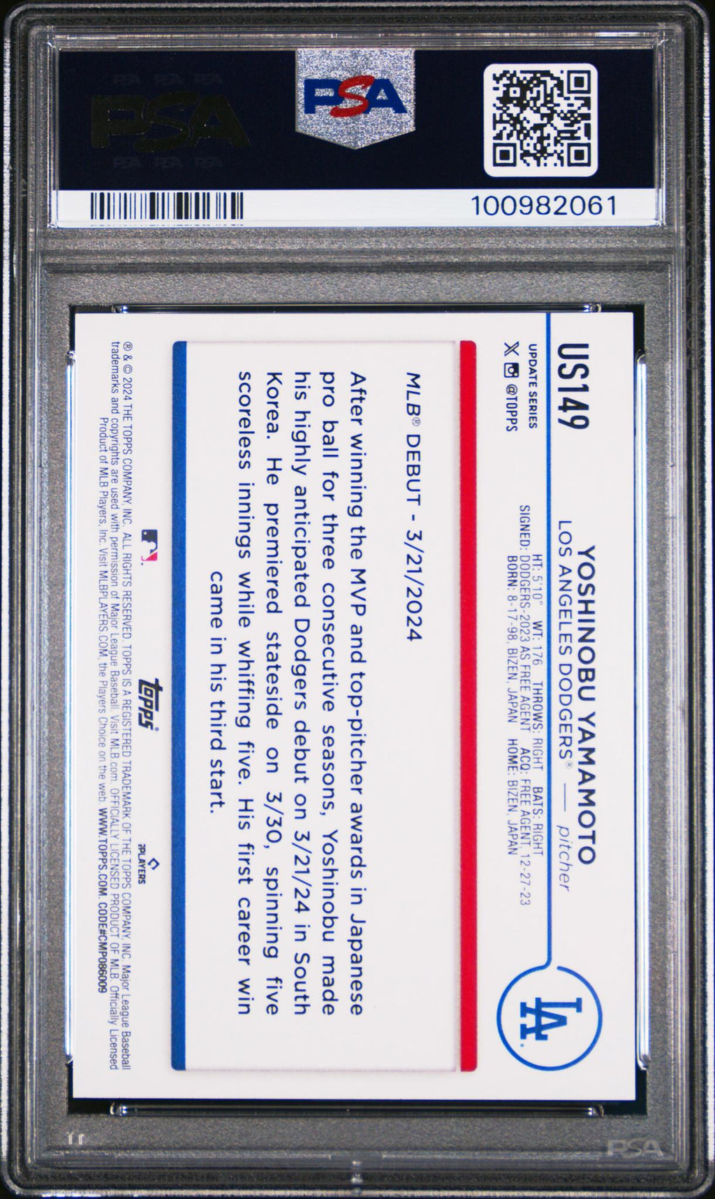 2024 Topps Update Aqua Yoshinobu Yamamoto #US149 PSA 10 – back of graded card