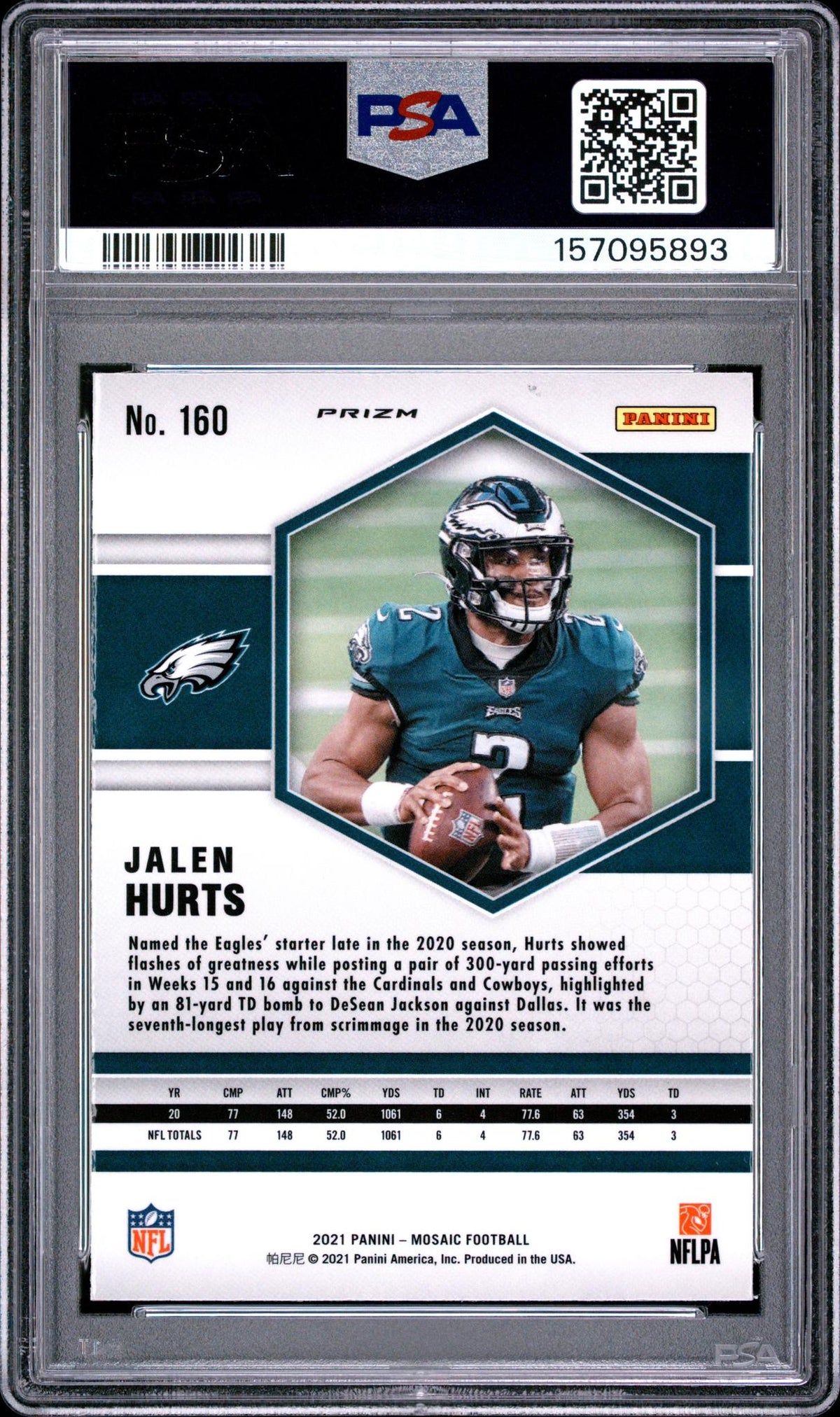 2021 Panini Mosaic Genesis Jalen Hurts #160 PSA 10 – back of graded card
